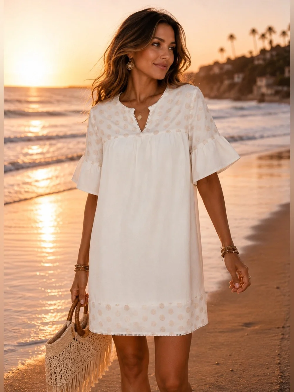 J.Crew Embellished Bell-Sleeve Shift Dress – Cream/Soft Blush Boho Style